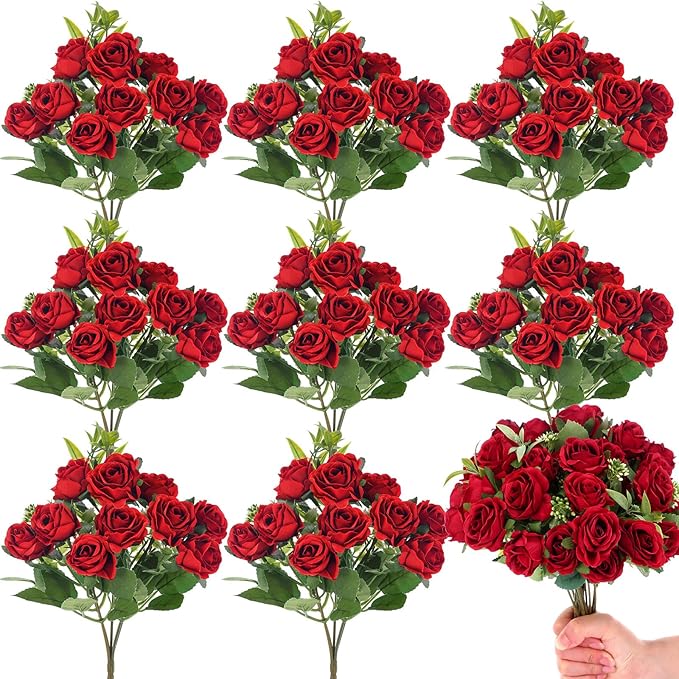 Zeyune 8 Pack 12 Inch Wedding Bouquets for Bride Bridesmaid Red Artificial Rose Bouquet Fake Silk Roses Flowers Bunches Bulk for Home Office Garden Parties Decoration