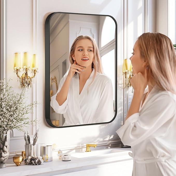 Black Bathroom Mirror for Wall, 30x36 Inch Brushed Matte Black Metal Framed Rectangle Wall Mirror for Bathroom Vanity, Living Room, Bedroom, Farmhouse, Hangs Vertically or Horizontally