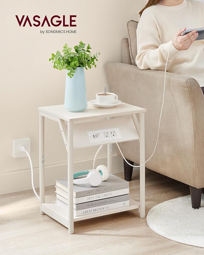 VASAGLE End Table with Charging Station, Set of 2, Small Side Tables for Living Room, Bedroom, Nightstand with Outlets and USB Ports, Bedside Table with Storage Shelf, Cream White