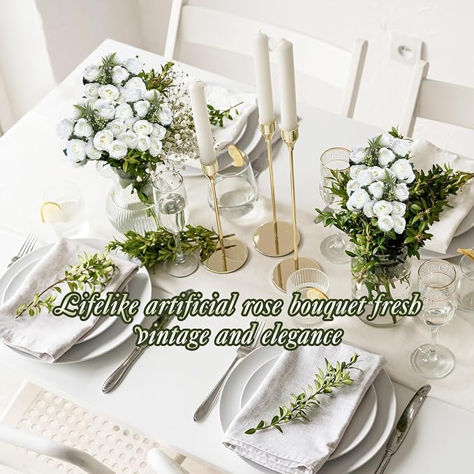 Zeyune 8 Pack 12 Inch Wedding Artificial Mini Rose Bouquet White Silk Flowers Bunches Bulk Fake for Wedding Bridal Christmas Home Office Garden Parties Decoration