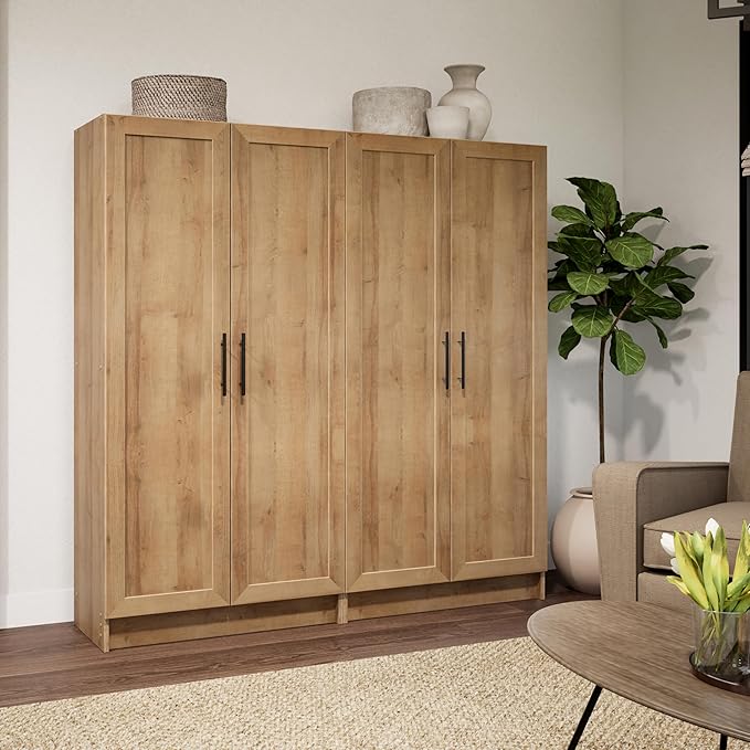Prepac Natural Oak Elite 65" Tall Accent Kitchen Pantry Cabinet, Craft or Bathroom Storage Cabinet, Buffet Storage with Panel Doors, 3 Shelves, 32" W x 16.75" D x 65" H, Ideal for Home Organization