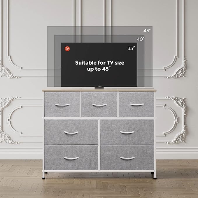 WLIVE 7 Drawer Dresser TV Stand, Entertainment Center, Media Console Table with Metal Frame and Wood Top for TV up to 45 inch, Chest of Drawers for Bedroom, Living Room, Light Grey