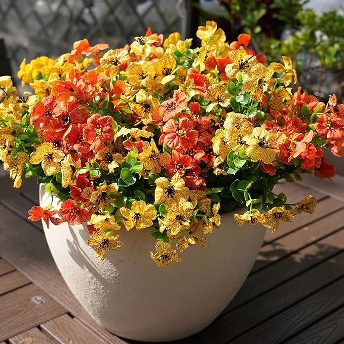Artificial Flowers for Outdoor, UV Resistant Fake Silk Flowers, Realistic Faux Plants for Outside Indoor Porch Patio Window Box Planter Home Decor (16, Orange Yellow)