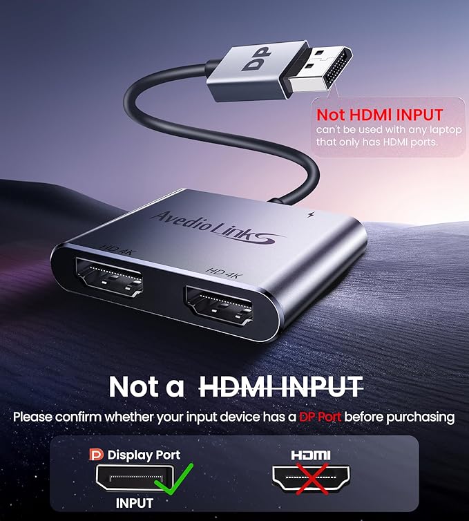 DisplayPort to Dual HDMI Adapter, 4K 60Hz DP Source to HDMI Splitter Multi-Monitor, Extended Mode Display Adapter for Windows MST Dual Monitors Compatible with Computer Laptop Graphic Card,PC (Grey)