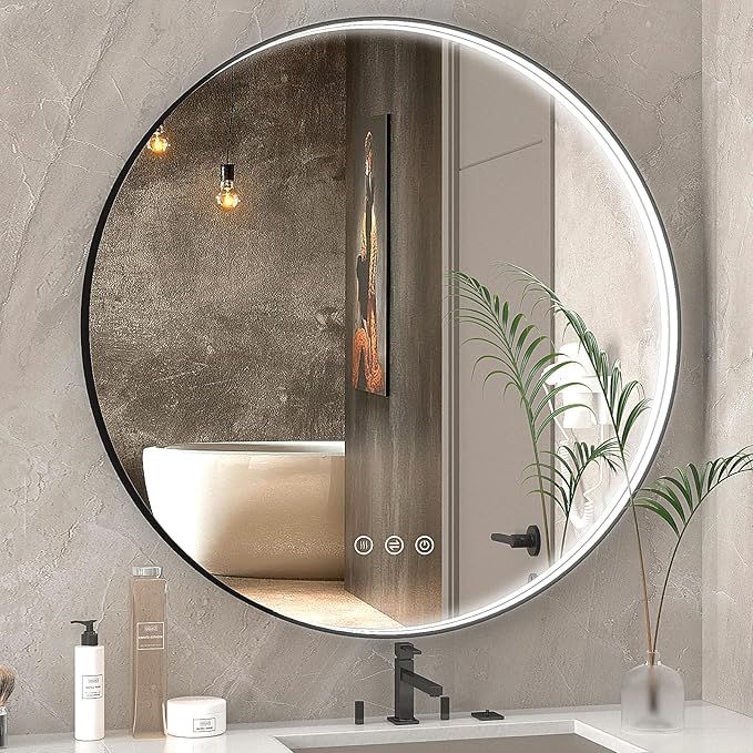 36 Inch LED Round Mirror for Bathroom, Black Metal Framed LED Bathroom Mirror with Lights, 3 Colors and Stepless Dimmable Wall Mounted Lighted Bathroom Vanity Mirror, Anti-Fog, Memory