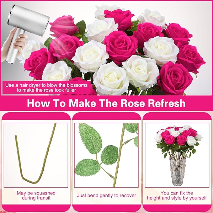 72 Pcs Hot Pink, White Artificial Roses, Bulk Fake Silk Flowers for Wedding Arch, Centerpieces, Vase Filler, Party Decor (36 Pink + 36 White)