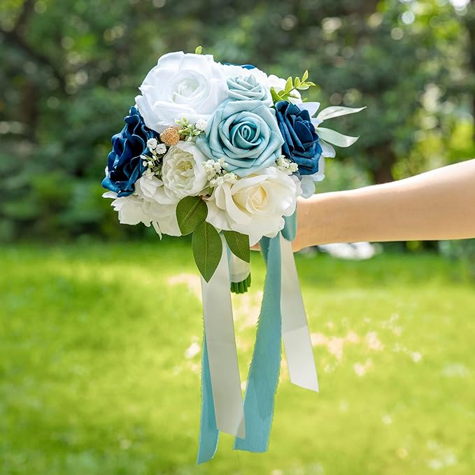 ponatia Dusty Blue Wedding Bouquets for Bride Bridesmaid, White Wedding Artificial Roses Flowers for Wedding Bouquets Ceremony, Anniversary (Dusty Blue & White)