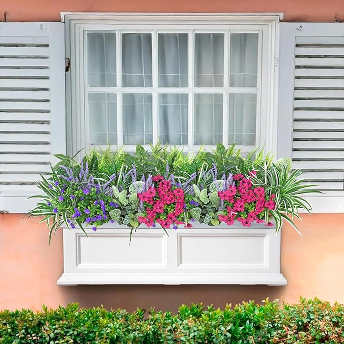 20 Bundles Artificial Plants Outdoor Fake Flowers UV Resistant Faux Greenery Stems Fake Ferns Shrubs Plastic Plants for Garden Patio Porch Yard Window Box Home Decor (Lavender Flower, 20PCS)