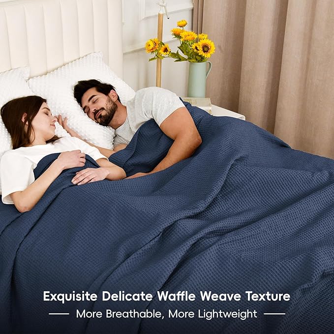 PHF Pre-Washed Cotton Waffle Weave Family Blanket,Oversized King Size 120"x 120"-Snag Proof Lightweight Breathable, 10'x 10' Huge Extra Large Big-Elegant Aesthetic Home Decoration Gift,Dark Navy