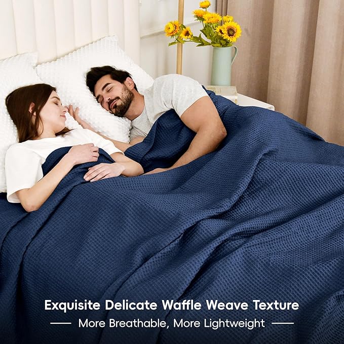 PHF 100% Cotton Waffle Weave Family Blanket,Oversized King Size 120"x 120"-Pre-Washed Snag Proof Lightweight Breathable, 10'x 10' Huge Extra Large Big,Home Decoration Gift-Navy Blue/Bright Blue