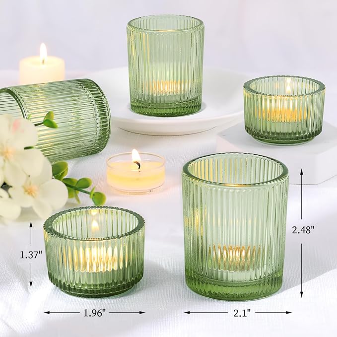 20pcs Ribbed Green Votive Candle Holders, Assorted Tea Light Candle Holder Glass for Wedding Table Decor, Green Candle Holders for Table Centerpieces, Brithday and Tea Party Decorations