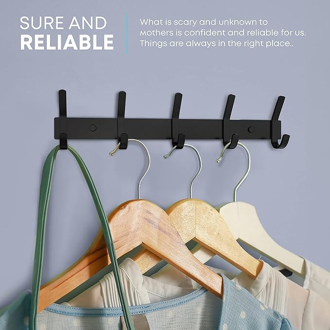 Matte Black Coat Rack Wall Mount – 15 Inch Stainless Steel Hook Rail with 5 Double Coat Hooks – Wall Mounted Entryway Organizer for Coats, Hats, Bags, Towels, Robes, Closet or Bathroom - 2 Pack