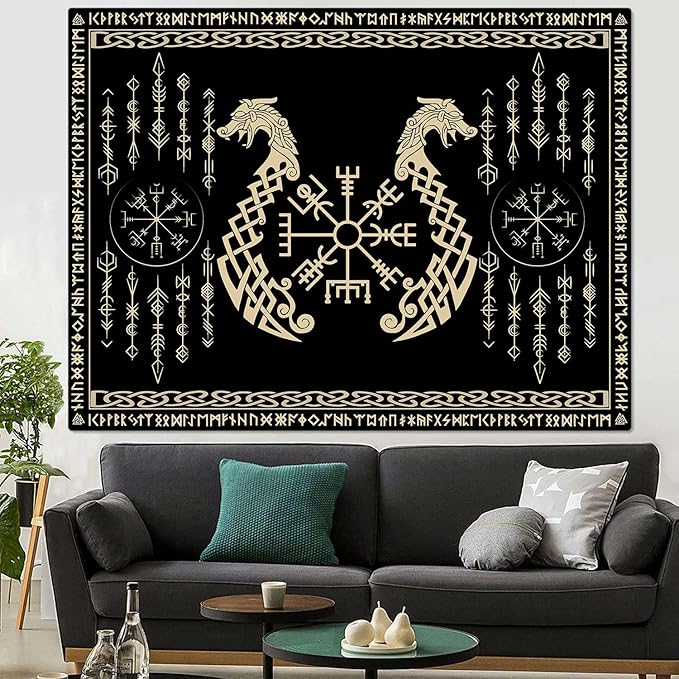 OSUNBD Viking Dragon Tapestry Ancient Rune Dragon Totem Norse Mythology Wall Art Tapestries Black Mystical Geometric Norse Mythology Tapestry Large Size 78.7”x59.1” for Bedroom Living Room Dorm