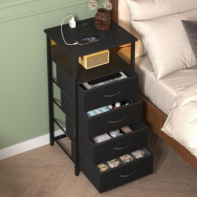 Fixwal Night Stand with Charging Station, Tall Nightstand with U-S-B Ports and Outlets, 4 Fabric Storage Drawers with PU Finish, Small Dresser Bed Side Table, Black