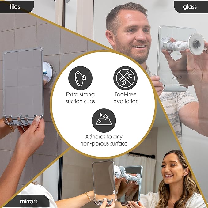 Luxo Shower Mirror, Shower Mirror fogless for Shaving with a Removable Razor Holder - Shaving Mirror for Shower with a Powerful Suction Cup - Shatterproof fogless Mirror for Shower