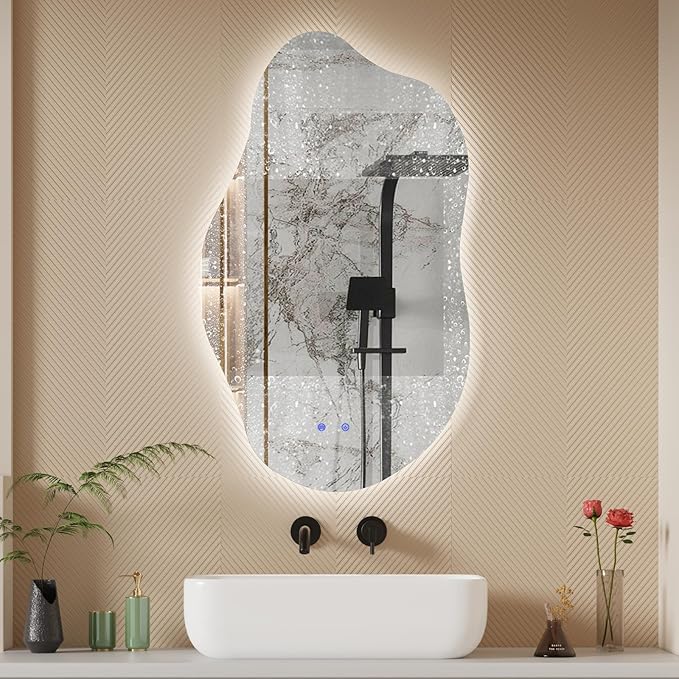 QDSSDECO Irregular LED Bathroom Mirror with Lights,Asymmetrical Led Bathroom Vanity Mirror for Wall with Front and Backlit, Anti Fog, 3 Colors and Dimmable Light, 19.7" x 33.5"