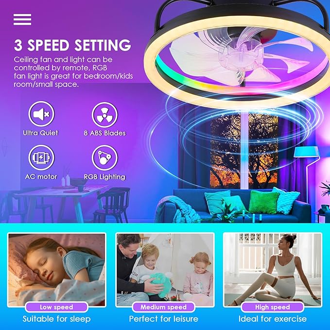 Ceiling Fans with Lights - Modern Flush Mount Ceiling Fan,16" RGB Dimmable LED Enclosed Ceiling Fans,Low Profile Bladeless LED-RGB Ambient Light for Bedroom Kids Room Party（Black）