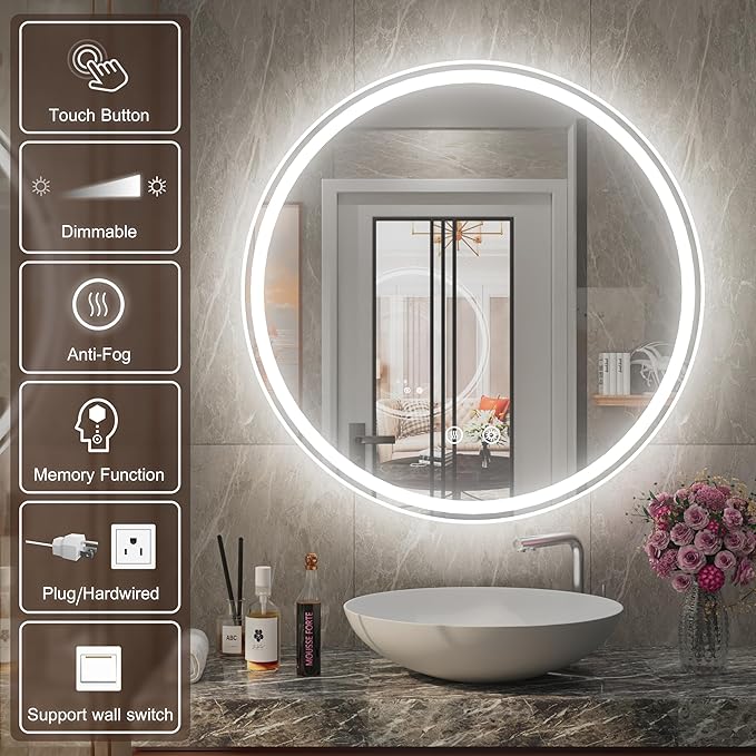 32 Inch Frameless Round Lighted Bathroom Mirror with Front & Backlit - 6000K Daylight, Dimmable, Anti-Fog, CRI 90+, 5mm HD LED Mirror