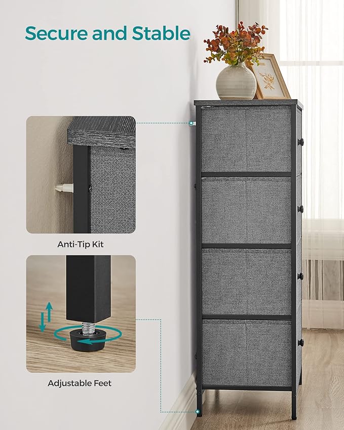 SONGMICS Dresser for Bedroom, Fabric Dresser with 4 Drawers, Metal Frame, Small Chest of Drawers, Gray and Black with Wood Grain ULTS314G22