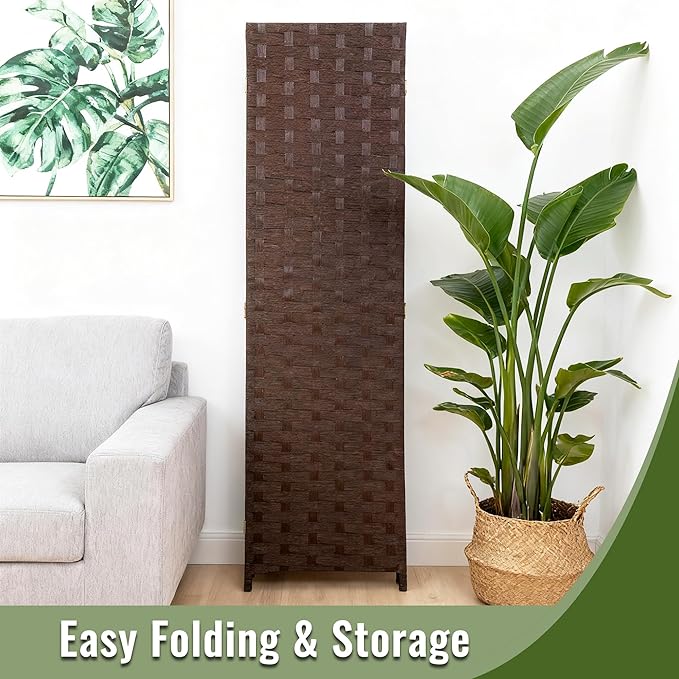 FDW Room Divider Wood Screen 6 Panel Folding Portable Partition Screens Wooden Mesh Woven Design Room Divider for Home Office (Dark Brown)