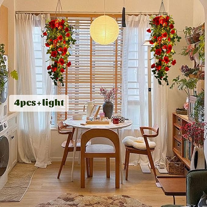 RECUTMS Hanging Rose Flowers Artificial Vines for Outdoors with 30 LED Fairy String Lights Indoor Home Garden Wall Wedding (Red)