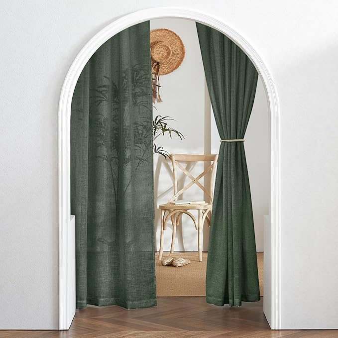 RYB HOME Olive Green Linen Sheer Curtains 84 inches, 2 Panels Rod Pocket Living Room Gauze Curtains Semi Sheer Light Filtering Drapes for Farmhouse Bedroom Office, W 52 x L 84