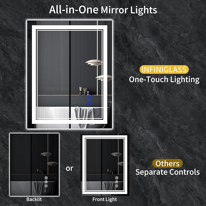 40"x32" LED Bathroom Mirror with Anti-Fog, Stepless Dimmable Lights, 3 Color Modes, Shatter-Proof Tempered Glass, Memory Function & Waterproof Design