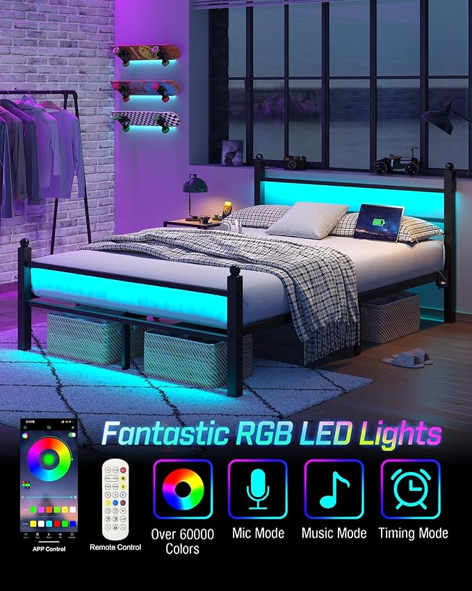 Full Bed Frame with Headboard and Footboard, Metal Bed Frame with Charging Station and LED Lights, Under Bed Storage, No Box Spring Needed,Noise Free, Black