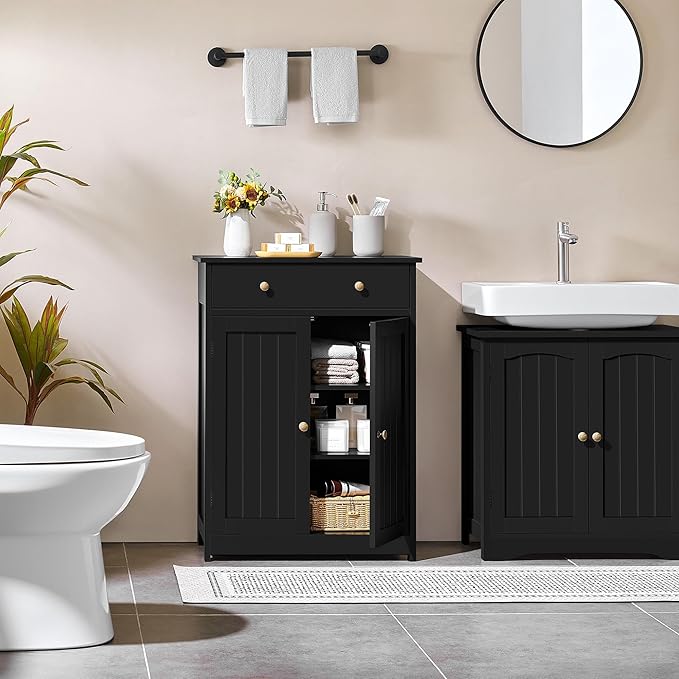Yaheetech Bathroom Storage Cabinet with 1 Drawer and 2 Doors, Bathroom Floor Cabinet with Adjustable Shelf, Wooden Storage Units for Living Room, Entryway, Small Space, Black