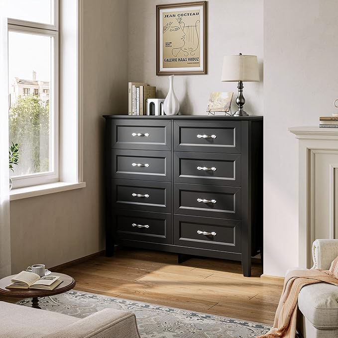 LINSY HOME 8 Drawers Dresser for Bedroom, Black Wood Dresser with Metal Handle, Farmhouse Tall Chest of Drawers with 1 pcs Fabric Divider Organizer, Storage Organizer for Living Room, Closet, Hallway