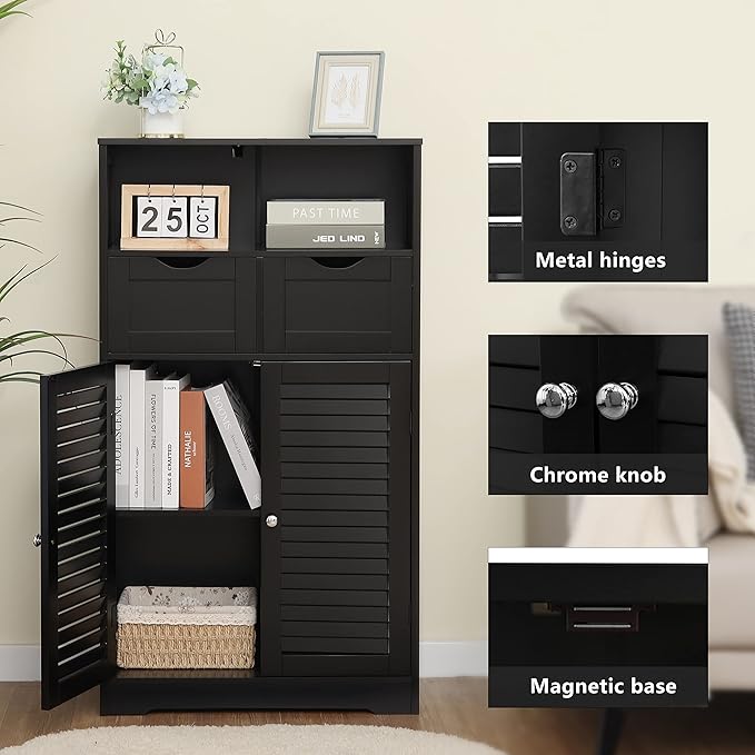 WEENFON Bathroom Storage Cabinet with 2 Drawers & 2 Shutter Doors, Floor Cabinet with Adjustable Shelf, for Living Room, Hallway, Home Office, Black