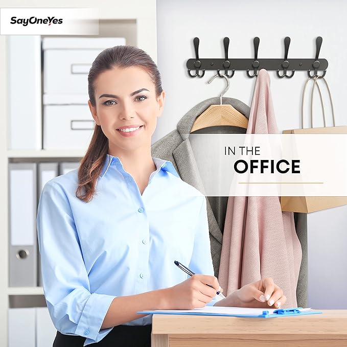 Coat Rack Wall Mount with 5 Tri Hooks, Stainless Steel 16 Inch – Black Matte Finish, Heavy Duty Wall Mounted Hook Rack for Coats, Hats, Towels, Scarves, Robes, Bags, Entryway & Bathroom - 2 Pack