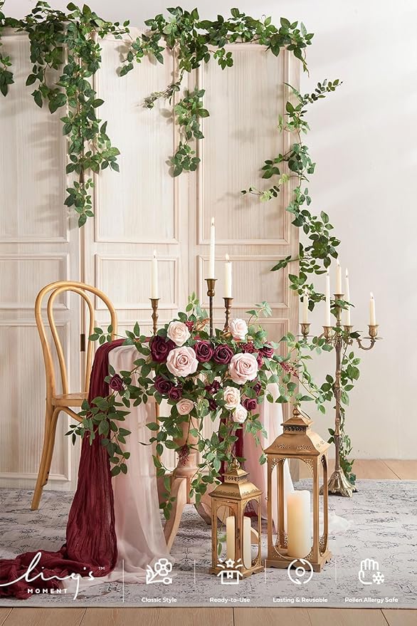 Ling's moment 2PCS Artificial Floral Swags Centerpieces Burgundy Wedding Flower Greenery Arrangements for Sweetheart/Head Table Decor Wedding Car Wall Window Arch Home Garden Decor Blush Marsala