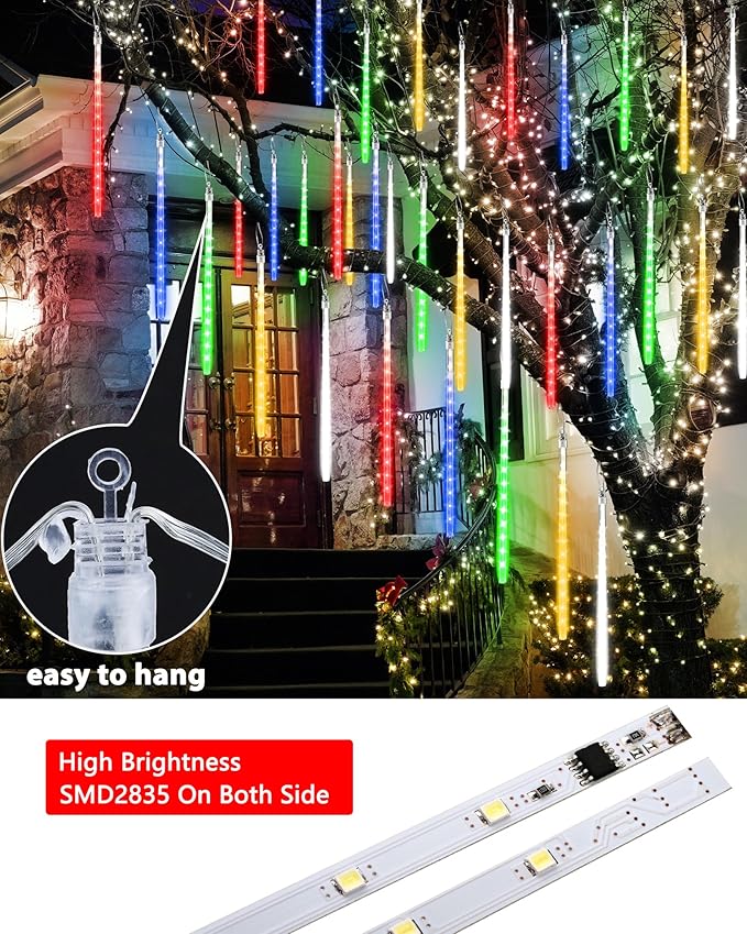 Joomer 2Pack Christmas Lights Outdoor, 11.8 inch 10 Tubes 240 LED Meteor Shower Lights, LED Falling Icicle Cascading Light with Timer Waterproof and Connectable for Christmas Decoration (Multicolor)