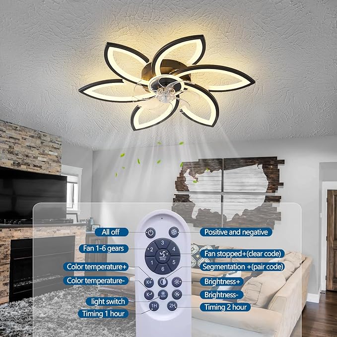 Ceiling Fan with Lights Remote Control, Black Flower Ceiling Fan with Light, 3 Light Color Modern Low Profile Flush Mount Ceiling Fan for Kitchen Bedroom Living Room