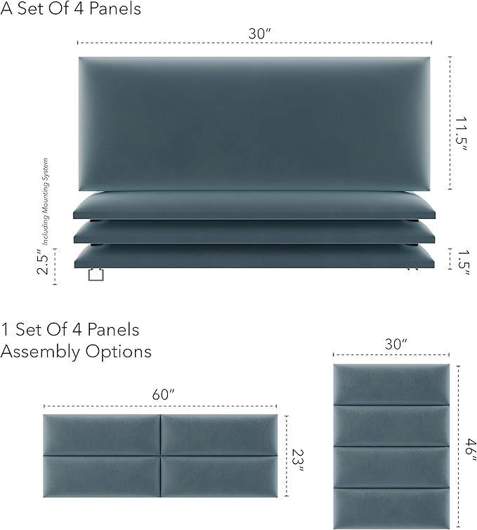 Vänt Upholstered Wall Panels - Queen/Full Size Wall Mounted Velvet Headboards - Velvet Antique Blue - Set of 4 Panels (Each Individual Panel 30"x11.5")
