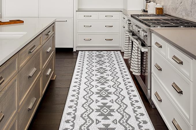 Custom Size Southwestern Style Runner Rug Mat for Wide Hallway Entryway Kitchen Laundry Room with Slip Resistant Latex Rubber Backing, Aztec Light Grey, 31 inch X 6 feet