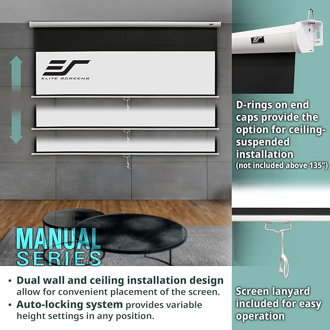 Elite Screens Manual Series, 170-INCH 16:9, Pull Down Manual Projector Screen with AUTO Lock, Movie Home Theater 8K / 4K Ultra HD 3D Ready, 2-Year Warranty - M170XWS1- White