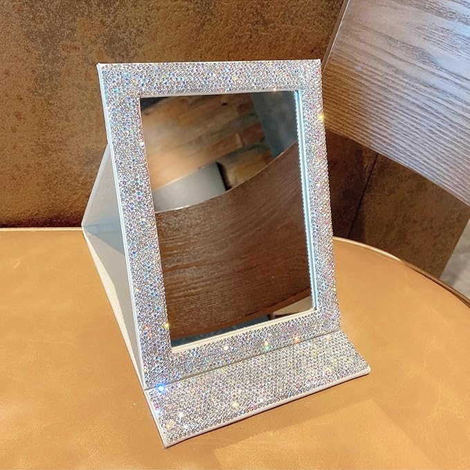 Folding Cosmetic Mirror, High Definition Innovative Rhinestone Portable Makeup Mirror Travel PU Portable Adjustable Rectangular Vanity Mirror for Dormitory Desktop