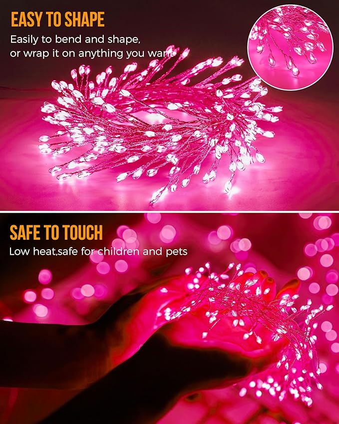 Brightown Battery Operated Fairy Lights, 10Feet 120LEDs Firecracker String Lights Waterproof Silver Wire Starry Firefly Lights for DIY Wreath Home Weeding Indoor Outdoor Christmas Decorations, Pink