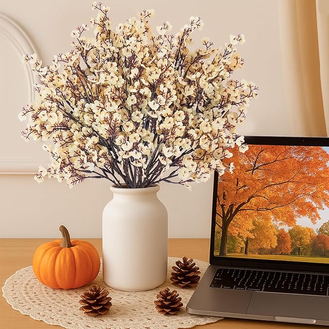Uieke 6 Pcs Artificial Flowers Baby Breath Faux Champagne Artificial Gypsophila Bouquet Fake Silk Flowers Real Touch for Home Office Kitchen Wedding Wall DIY Room Farmhouse Décor
