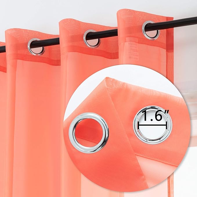 DUALIFE Coral Curtains 108 Inches Extra Length for Living Room Set of 2 Pieces Grommet Look Semi Sheer Transparent Curtains for Bedroom 52x108 Inch Long (Orange Coral)