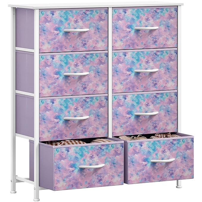 DWVO Dresser with 8 Drawers - Fabric Storage Tower, Organizer Unit for Bedroom, Hallway, Closets - Sturdy Steel Frame, Wooden Top & Easy Pull Fabric Bins (Purple)