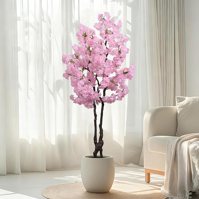 Artificial Pink Cherry Blossom Tree 6ft(72in) Tall Faux Plant Indoor Decor Handmade Japanese Sakura Tree for Wedding Realistic Cherry Plant in Pot for Home Living Room,Office,Outdoor Decor.