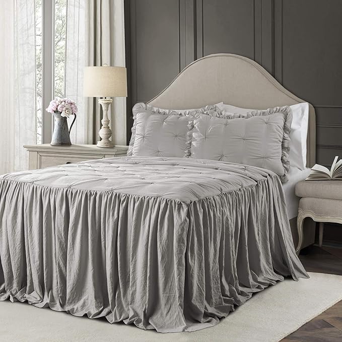 Lush Decor Ravello Pintuck Ruffle Skirt Bedspread Set - Luxe 3 Piece Ruffled Bedding Set - Traditional Glam & Farmhouse Inspired Bedroom Decor - Queen, Light Gray