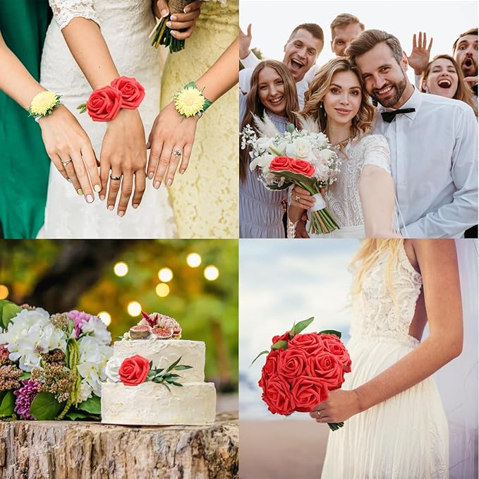 JOYLEX Artificial Flowers Realistic Roses, Real Looking Fake Roses with Stem for DIY Wedding Bouquets Centerpieces Bridal Shower Party Home Romantic Decorations (Red, Regular 3" - 200pcs)