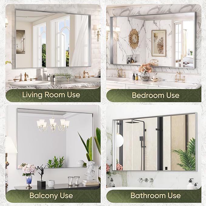 Suidia Bathroom Mirror, 60" x 36" Wall Mirror Metal Framed, Bathroom Vanity Mirror for Living Room Bedroom Bathroom Entryway, Silver, Rect Corner Style