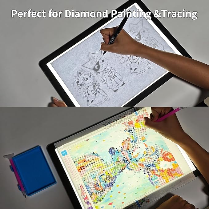 Phylosal Rechargeable A4 LED Light Pad for Diamond Painting, Ultra-Thin Magnetic Tracing Light Box for Drawing, Diamond Art Light Board with Side Button, Super Bright Light Table for Sketching (Black)