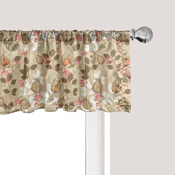 Ambesonne Autumn Window Valance, Seasonal Fruits and Leafs Vintage Botanical Print Soft Brown Toned Backdrop, Curtain Valance for Kitchen Bedroom Decor with Rod Pocket, 42" x 12", Sepia Multicolor