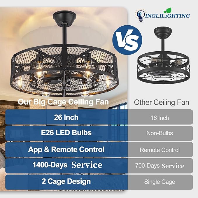 DLLT Caged Ceiling Fan with Lights: 26" Bladeless Fandelier with Light and Remote - Black Industrial Chandelier Fan Light for Bedroon Living Dining Room Kitchen